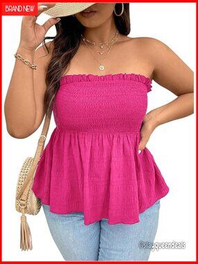 Plus Size Strapless Ruffle Tube Top Smocked Bandeau Peplum Top